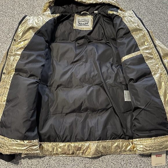 Levi's Puffer Jacket Men's L Gold Bandana Paisley Quilted Hooded X2814 $225 - Picture 11 of 14